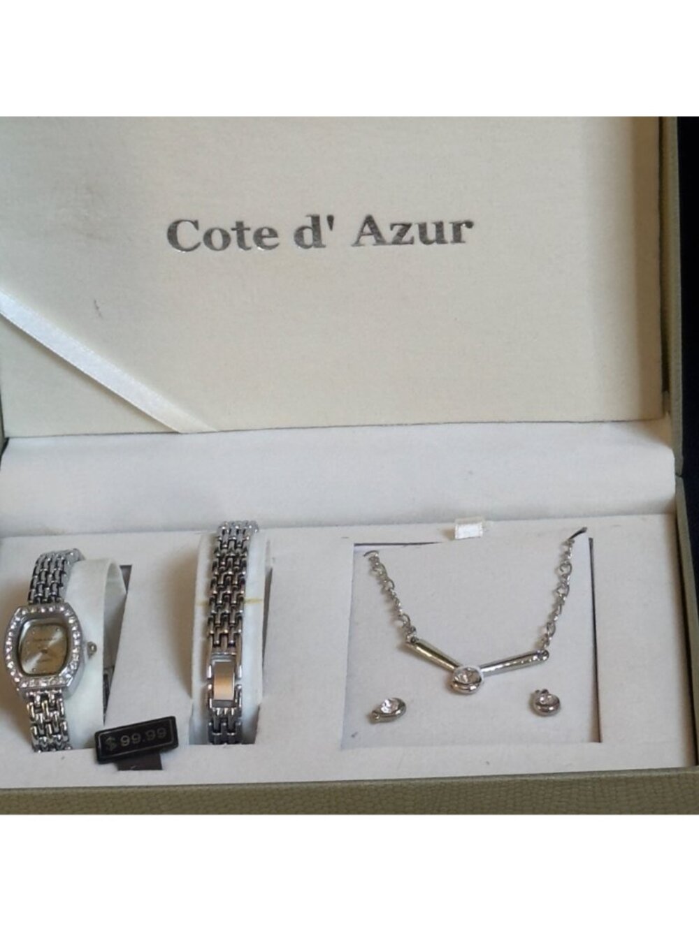COTE D' AZUR Silver-Toned Set Watch Necklace Earrings Bracelet Clear Gemstones - Picture 9 of 9